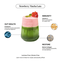 Strawberry Matcha Latte with health benefits labeled on a white background