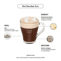 Hot chocolate with marshmallows in a glass mug, featuring cloud café branding and health benefits.