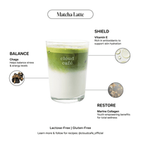 clöud café matcha latte benefits: chaga, vitamin e, and restore