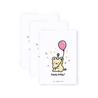 Trio Pack. Bear-squirrel doodle holding a pink balloon. Card reads "happy bday!"
