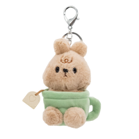Brown plush bunny in green tea cup keychain.