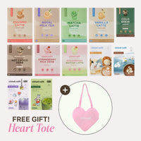 Complete collection of Cloud Cafe flavors, including a free large pink Heart Tote Bag with embroidered Cloud Cafe Logo in white.