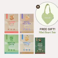 Collection of Cloud Cafe coffee and tea with a free mini green heart tote bag with embroidered cloud cafe logo in white.