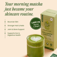 Collagen Matcha latte with a box of Clöud Café Collagen Matcha on a beige background