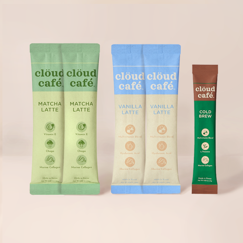 2 Matcha Latte Sachets, 2 Vanilla Latte Sachets, and 1 Cold Brew Sachet.