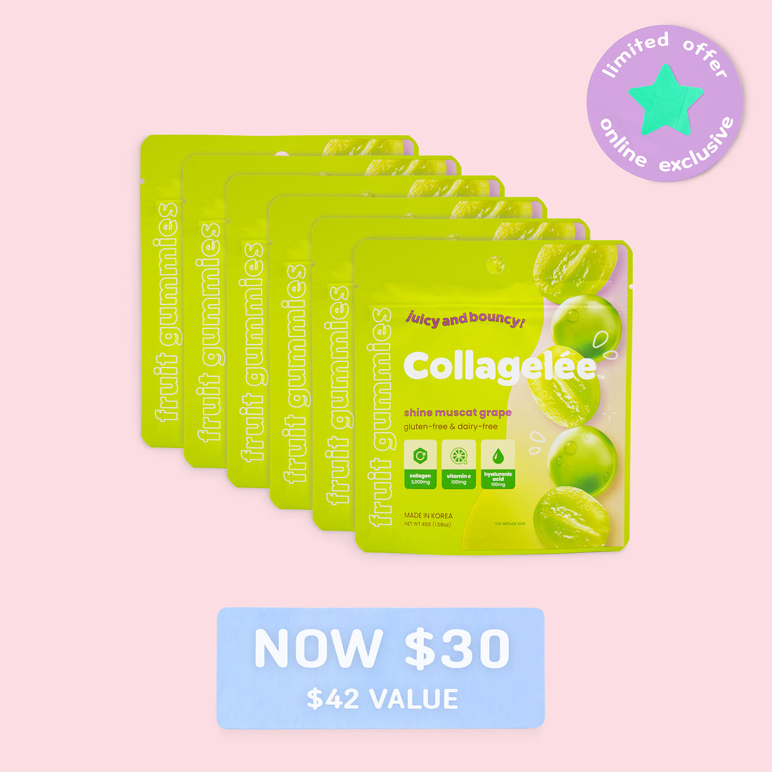 6 pack of Shine Muscat Grape Collagelée gummies with updated price ($30)