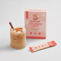 Clöud Café Collagen Churro Latte instant coffee sachet box with iced latte drink garnished with cinnamon stick and cinnamon powder dusting, featuring 1000 mg marine collagen, lion's mane, and vitamin B12, gluten-free Korean instant coffee, 10 count.
