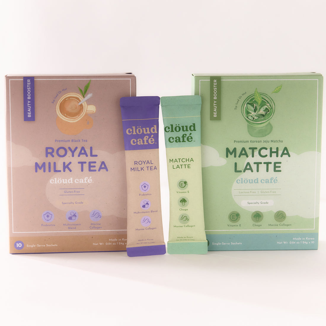 Royal Milk Tea box with single satchet (left)
Matcha Latter box with single satchet (right)