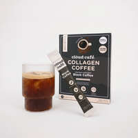 Clöud Café Collagen Black Coffee instant sachet box with iced black coffee in ribbed glass, featuring 1000mg marine collagen, L-theanine, and multivitamin blend, zero sugar gluten-free dairy-free Korean instant coffee with velvety chocolate notes, 14 count.