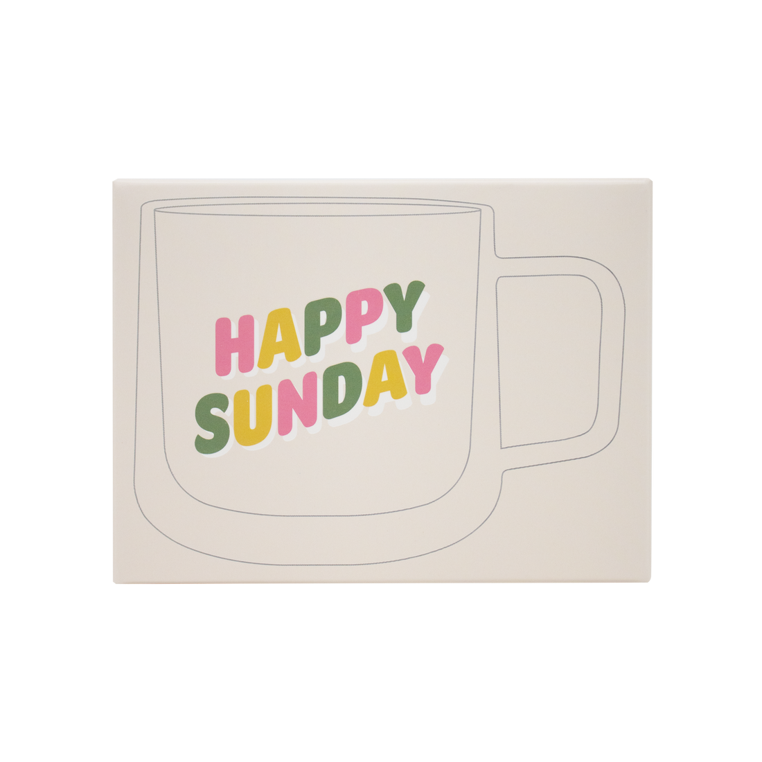 Front package view with a mug outline and &