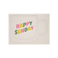Front package view with a mug outline and 'Happy Sunday' text