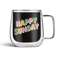 Clear mug with cold brew and 'Happy Sunday' text