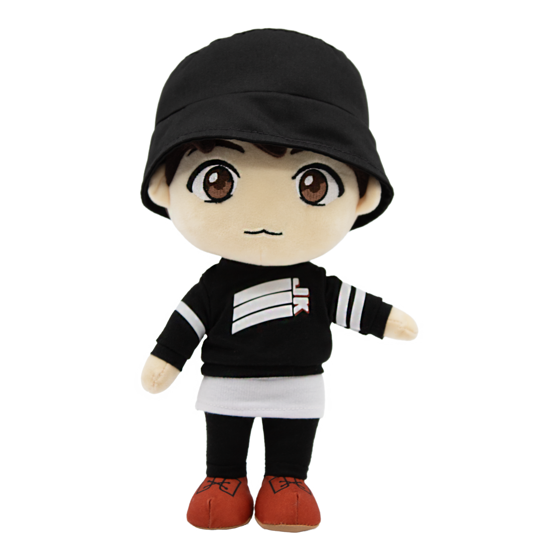 Front of BTS Jungkook Plush Doll wearing MIC Drop outfit from music video.