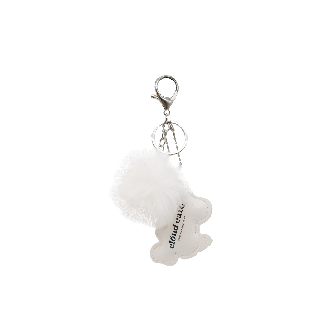 White fluffy keychain with a metal clasp and backside of Moomin keychain with Clöud Café logo