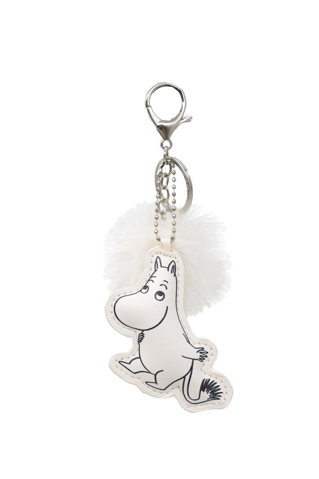 Keychain with Moomin character and white fluffy ball