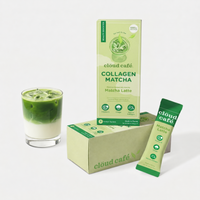 Clöud Café Collagen Matcha Latte instant sachet and vibrant layered iced matcha latte over milk in clear glass, featuring 1000mg marine collagen, chaga mushroom, and vitamin E, lactose-free gluten-free Korean Jeju matcha, 7 count.