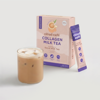 Clöud Café Collagen Royal Milk Tea instant sachet box with iced milk tea in clear glass with frothy top, featuring 1000mg marine collagen, probiotics, and multivitamin blend, gluten-free Korean instant premium black tea, 10 count.