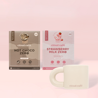 Hot Choco Zero and Strawberry Milk Zero and Sandstone Mug behind pink background