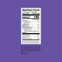 Clöud Café Royal Milk Tea nutrition label on a purple background