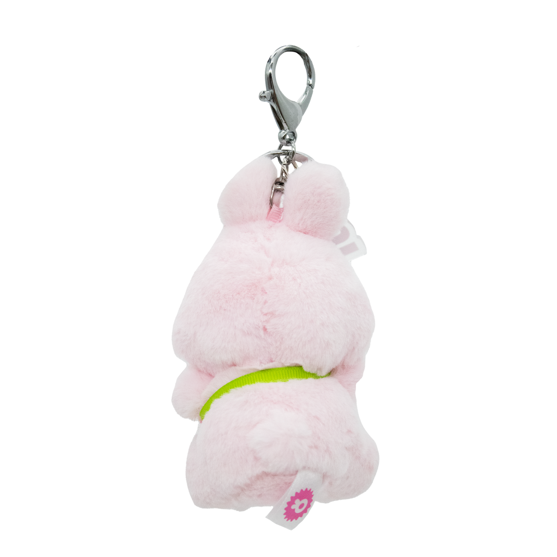 Back of light pink plush bunny keychain.