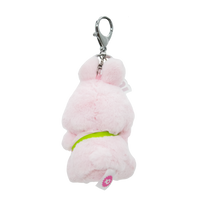 Back of light pink plush bunny keychain.