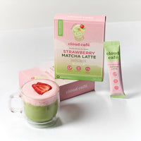 Cloud Cafe Strawberry Matcha Latte packaging with a glass of matcha latte on a white background