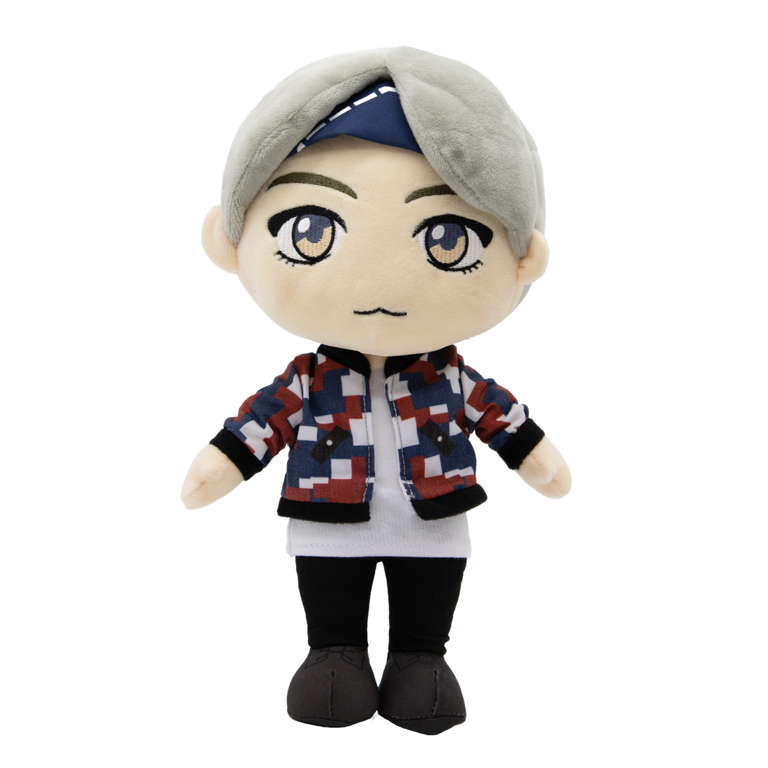 Front of BTS V Plush Doll, wearing his MIC Drop Music Video outfit.