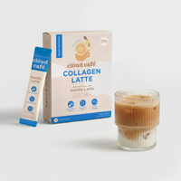Clöud Café Collagen Vanilla Latte instant coffee sachet box with iced layered latte in ribbed glass, featuring 1000mg marine collagen, hyaluronic acid, and multivitamin blend, lactose-free gluten-free Korean instant coffee, 10 count.