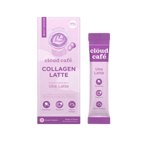 Clöud Café Ube Latte collagen-infused instant sachet box and stick pack, caffeine-free with Glutathione and Vitamin C, made in Korea