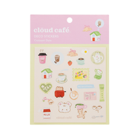 Pack of cloud café deco stickers with various illustrations on a pink background