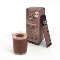 Clöud Café Collagen Hot Choco Zero instant sachet box with frothy hot chocolate drink dusted with cocoa powder in clear glass, featuring 1000mg marine collagen, zinc, and multivitamin blend, zero sugar gluten-free Korean instant premium cocoa blend, 7 count.