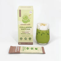 Clöud Café Collagen Pistachio Matcha Latte instant sachet box with vibrant green iced matcha latte topped with frothy milk and pistachio crumble in clear glass, featuring 1000mg marine collagen, NMN, and vitamin B3, lactose-free gluten-free Korean Jeju matcha instant blend, 7 count.