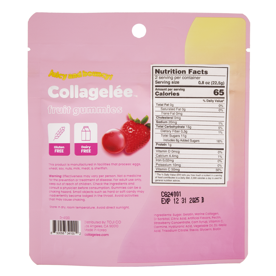 Collageèle fruit gummies packaging with nutrition facts label on a pink background.