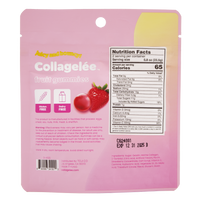 Collageèle fruit gummies packaging with nutrition facts label on a pink background.