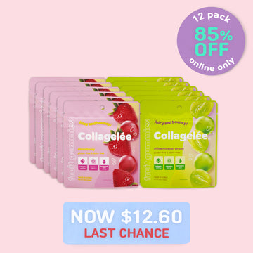 12 pack of Collagelee, including 6 of each flavor: Shine Muscat Grape & Strawberry.