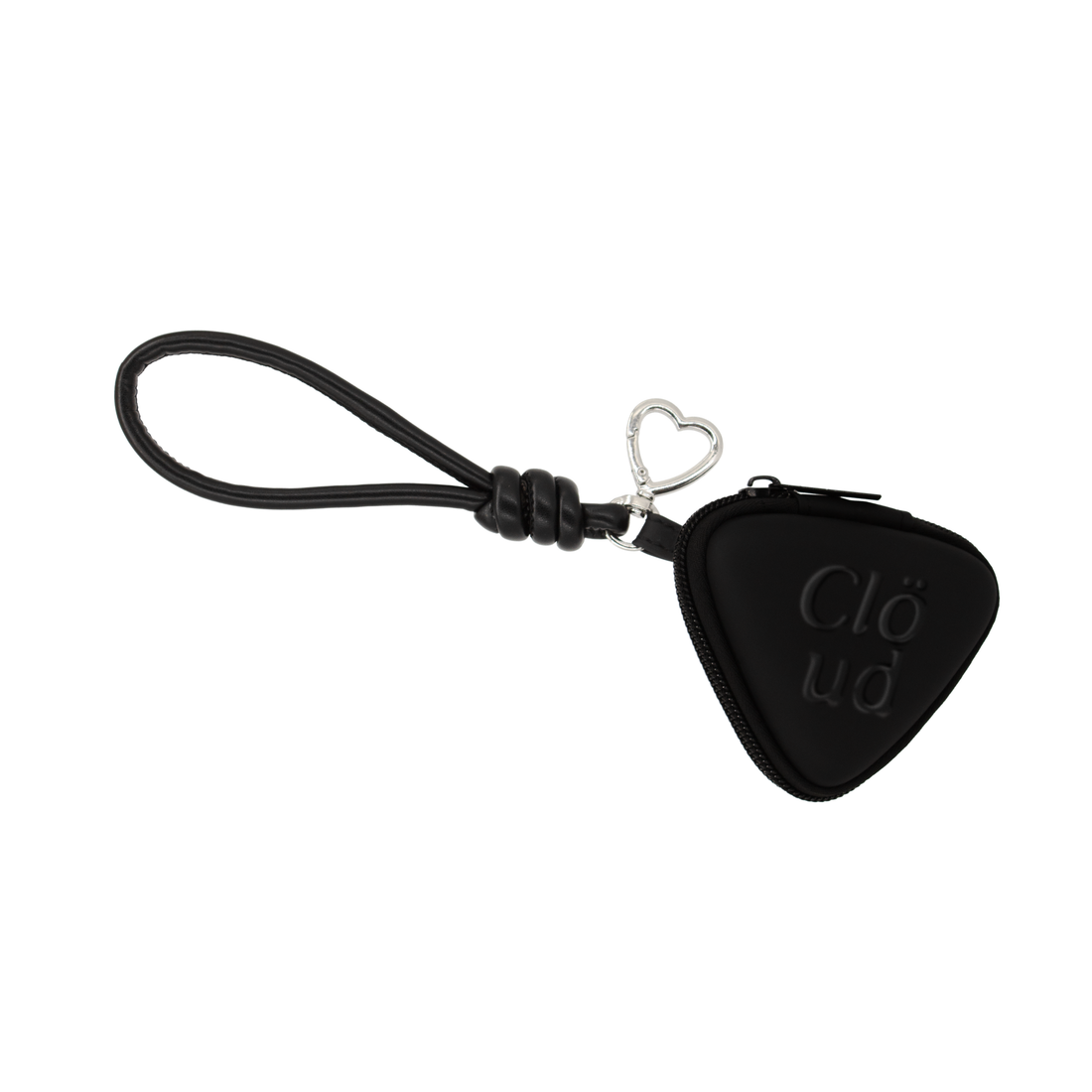 Clöud Café black heart pouch keychain with embossed logo, silver heart carabiner clip, and braided leather wrist strap – angled front view