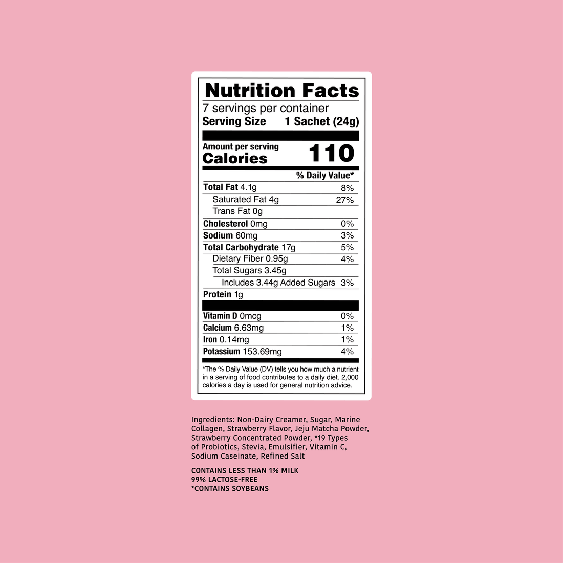 clöud café strawberry matcha latte nutrition facts label on a pink background