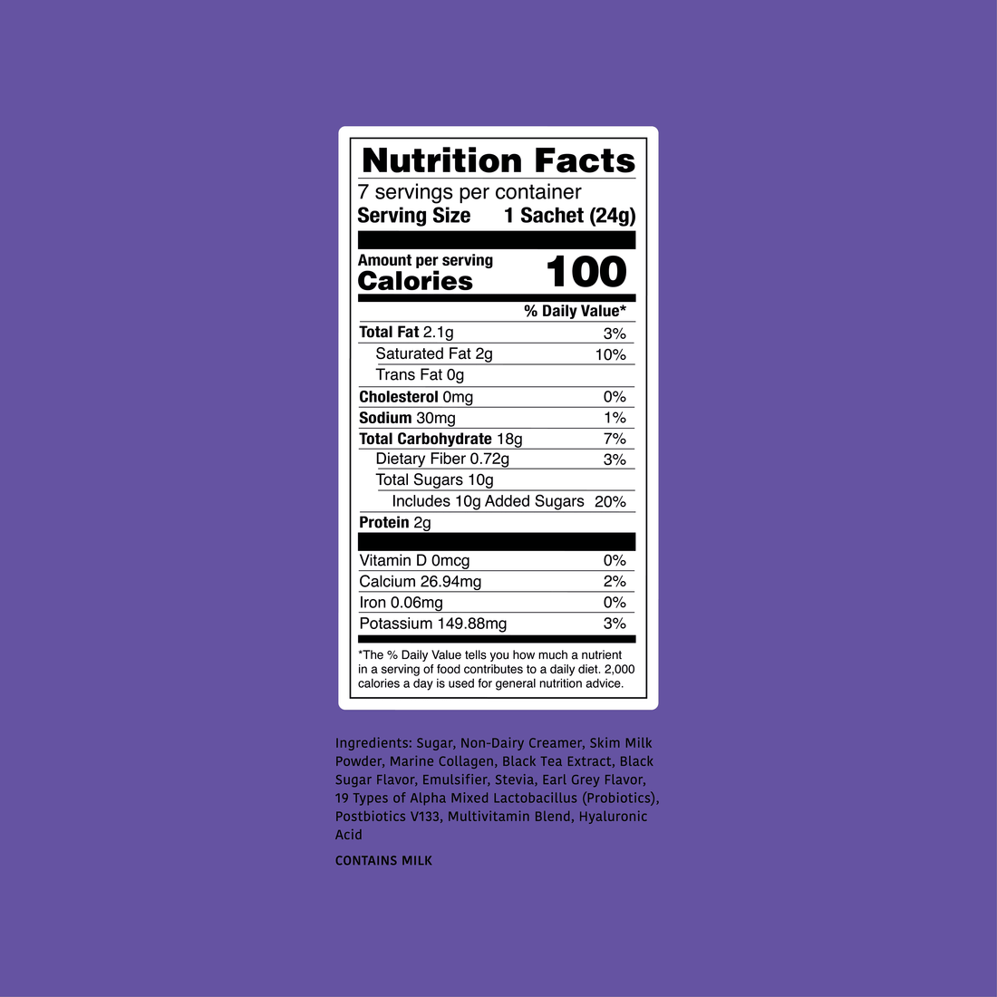 Royal Milk Tea nutrition facts label on a purple background