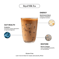 Glass of Royal Milk Tea with health benefits labeled on a white background