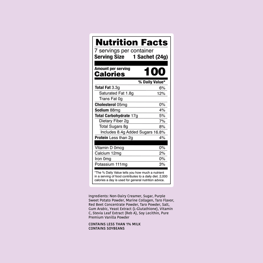 Clöud Café Ube Latte nutrition facts label on a light purple background