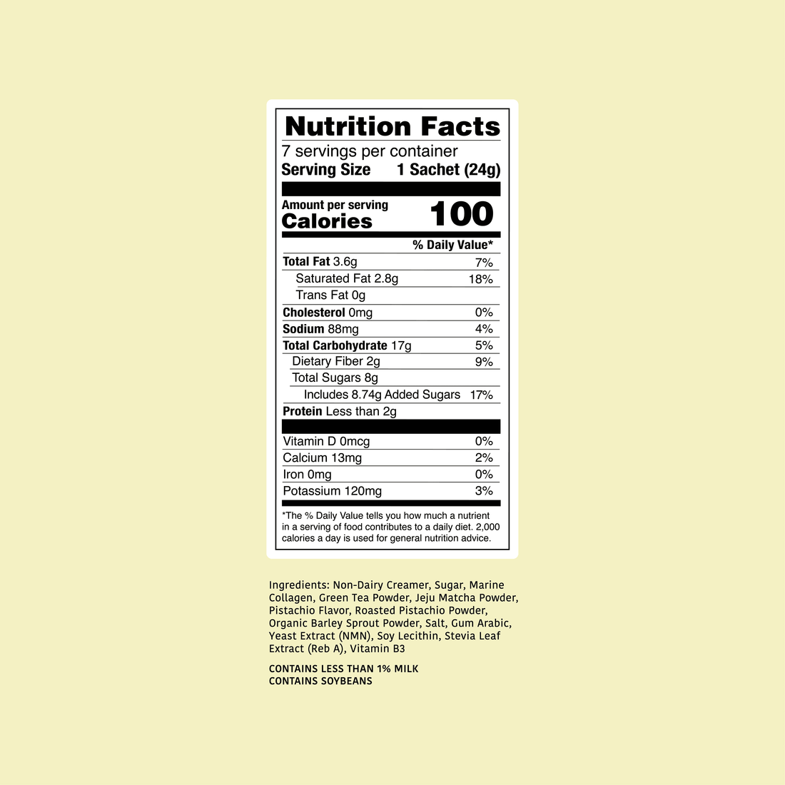 Pistachio Matcha Latte nutrition facts label on a beige background