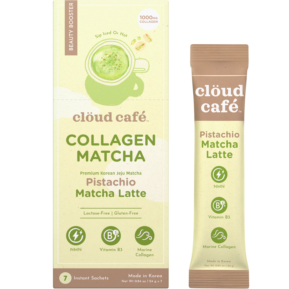 Cloud Cafe Collagen Pistachio Matcha Latte packaging on a white background