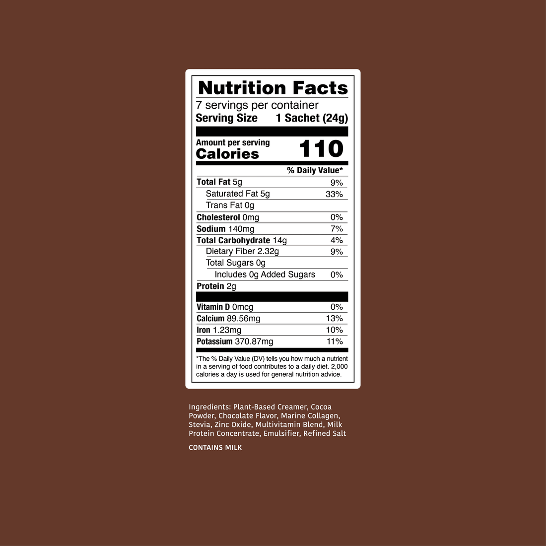Hot choco zero nutrition facts label on a brown background