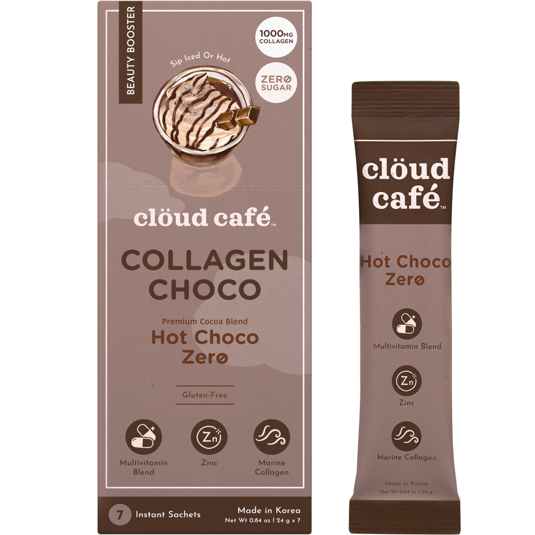 clöud café Collagen Choco Hot Choco Zero packaging on a white background
