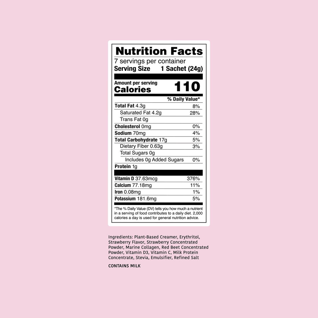 strawberry milk zero nutrition facts label on a pink background