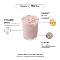 Glass of strawberry milk labeled 'cloud café' with health benefits listed on a white background