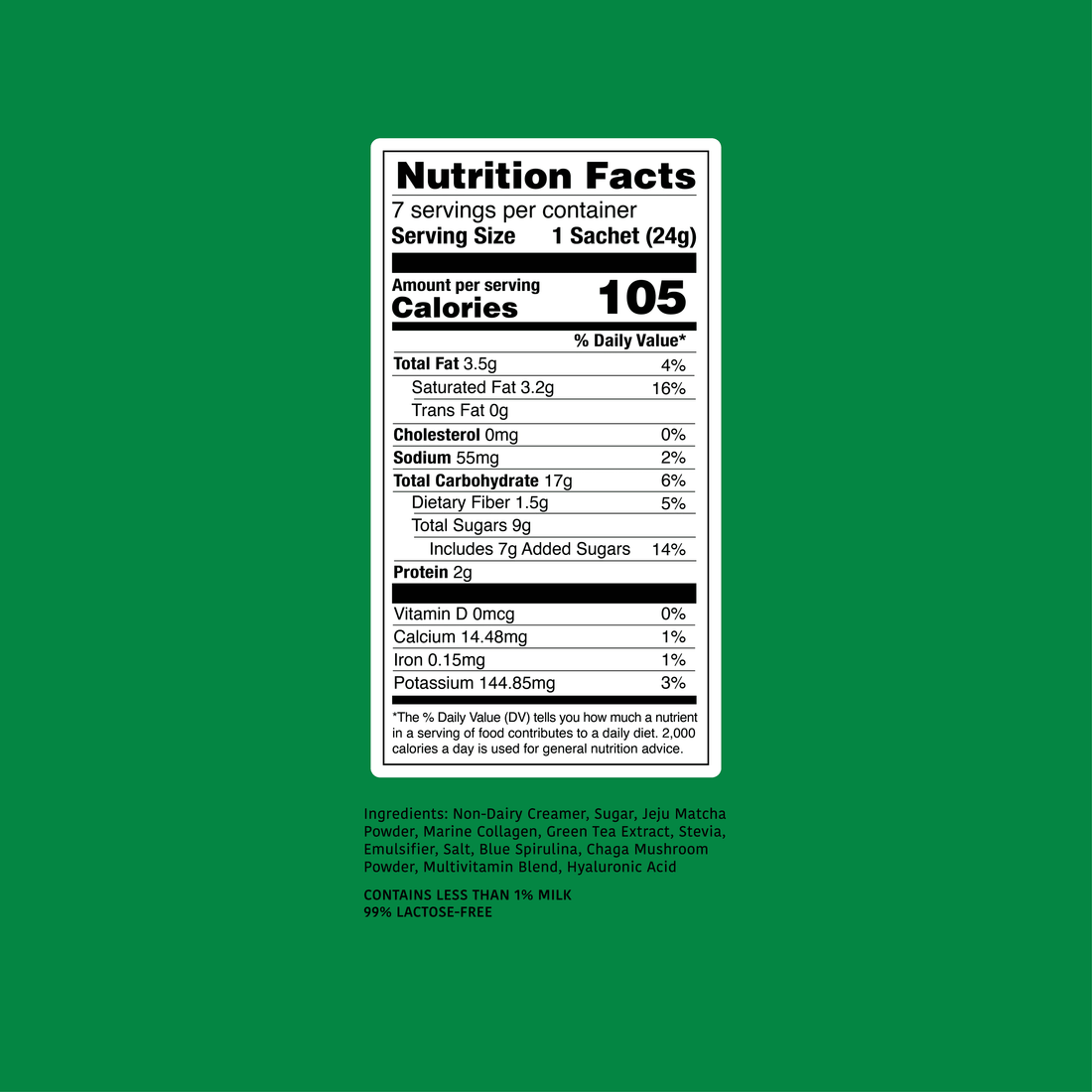 matcha latte nutrition facts label on a green background