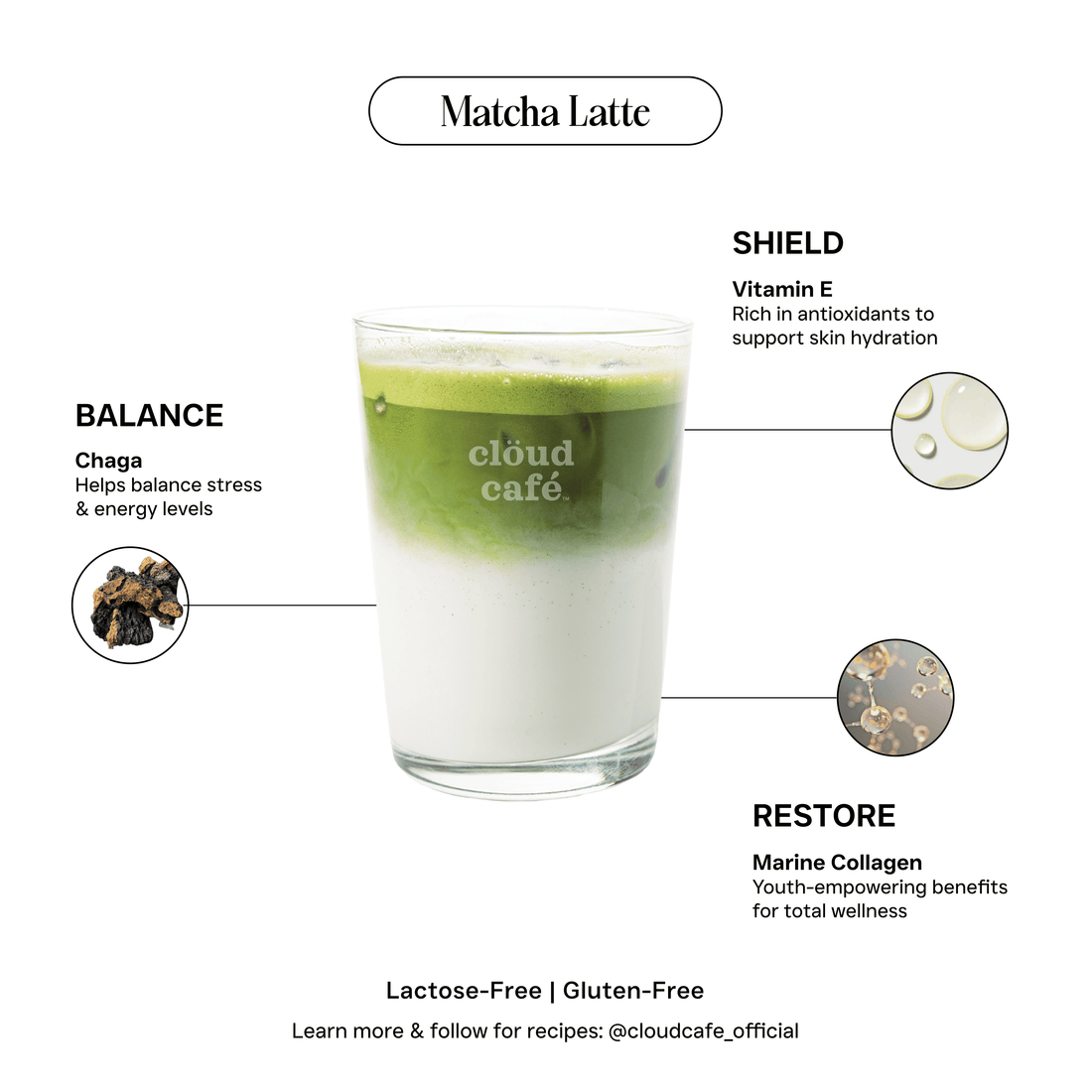 clöud café matcha latte benefits: chaga, vitamin e, and restore