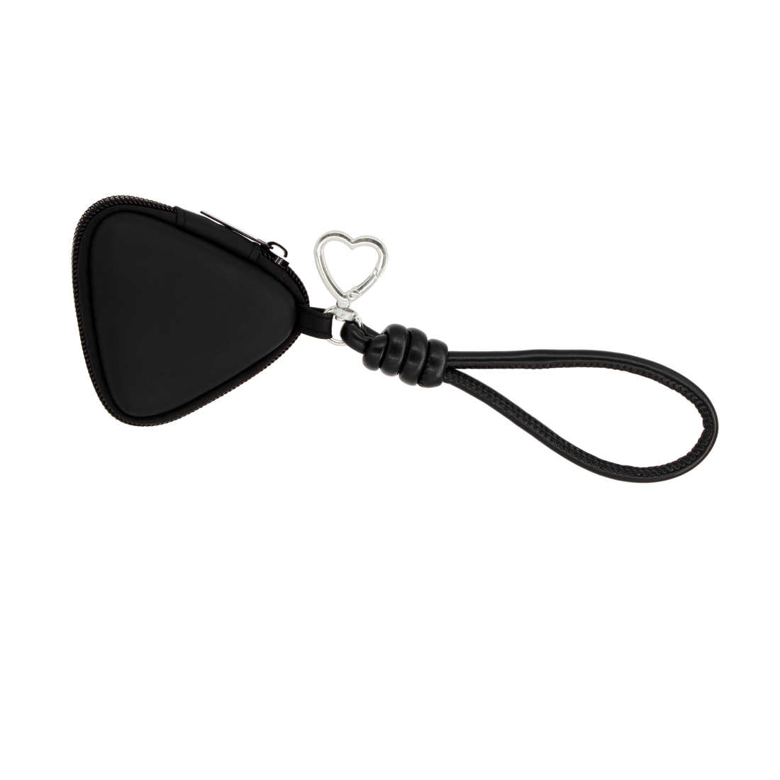 Clöud Café matte black mini zip pouch with silver heart-shaped keyring clip and leather loop wristlet – side view
