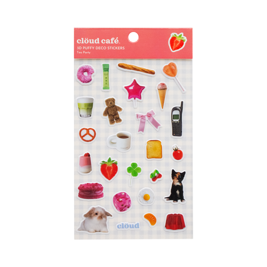 Pack of Clöud Café 3D puffy deco stickers with various illustrations on a white background